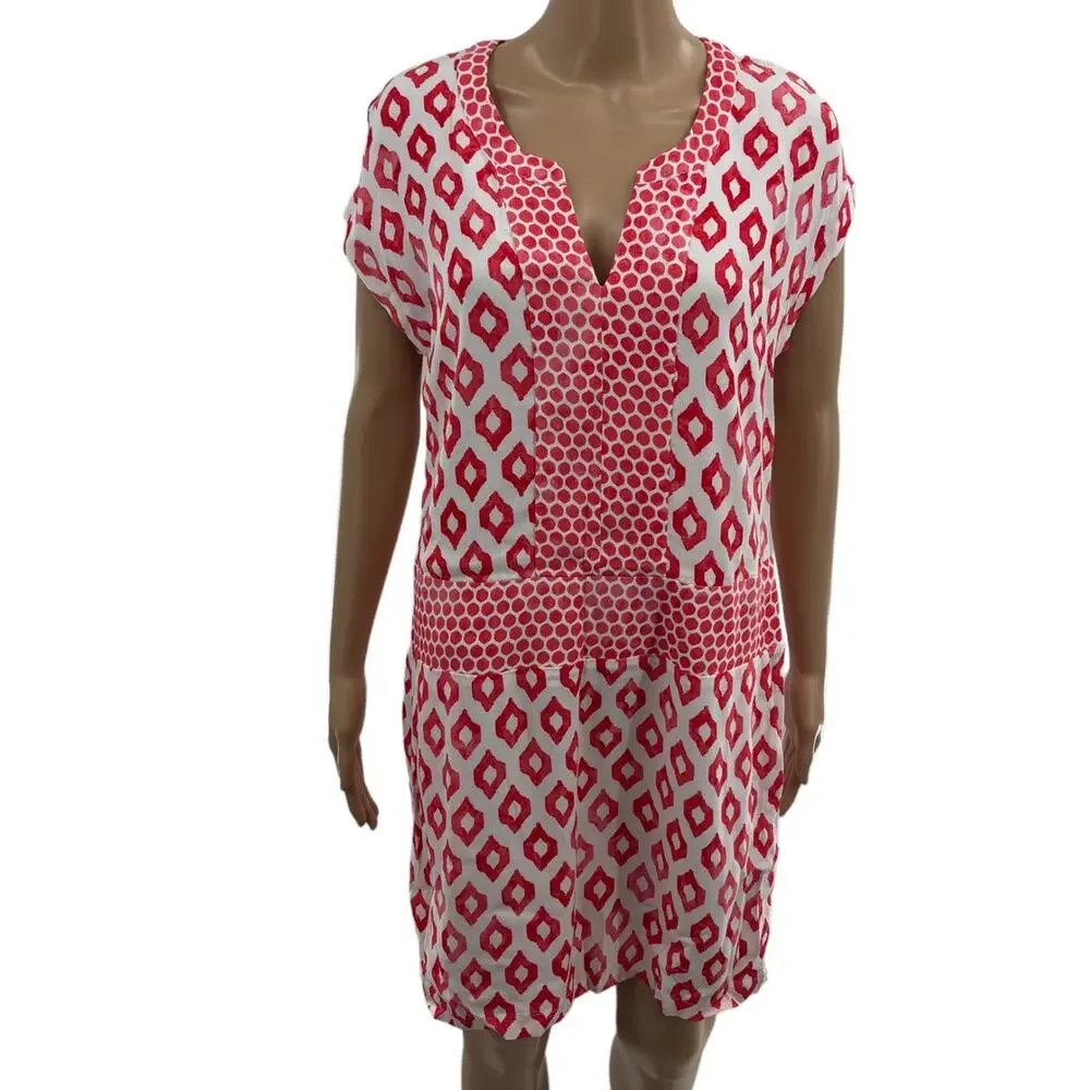 Joules Agnes Coral Ikat Print V Neck Short Sleeve Dress